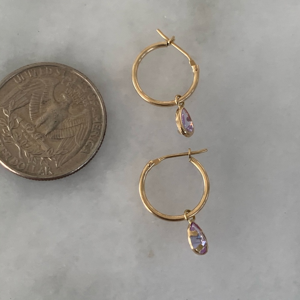 14kt Gold Small Hoops with Topaz - Picture 3 of 5